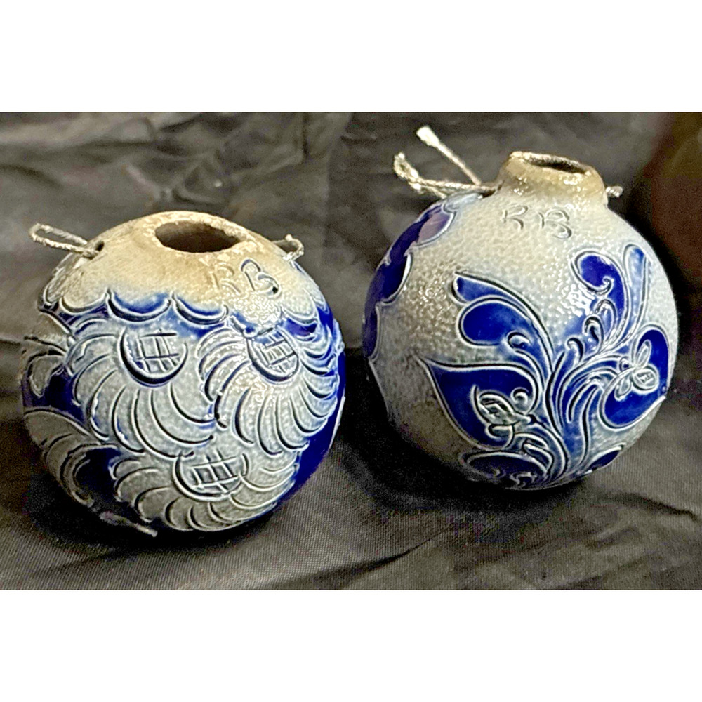 2 Hand Painted Salt Glazed Christmas Tree Ornament Round Primitive Folk Art 2.5"